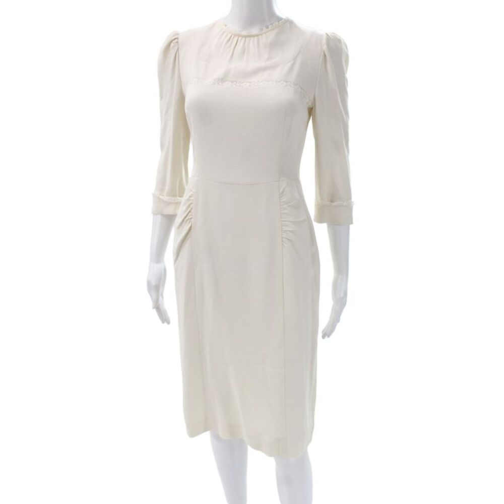 Prada Women Pencil Dress White Lace Cotton Mock Neck 3/4 Sleeve Size 40